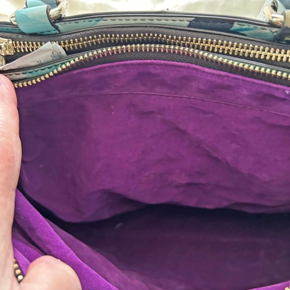 SATCHEL/SHOULDER BAG, JACK FRENCH LONDON PARK LEATHER, BLUE FLORAL, TOP ZIPPERS, - Picture 11 of 16